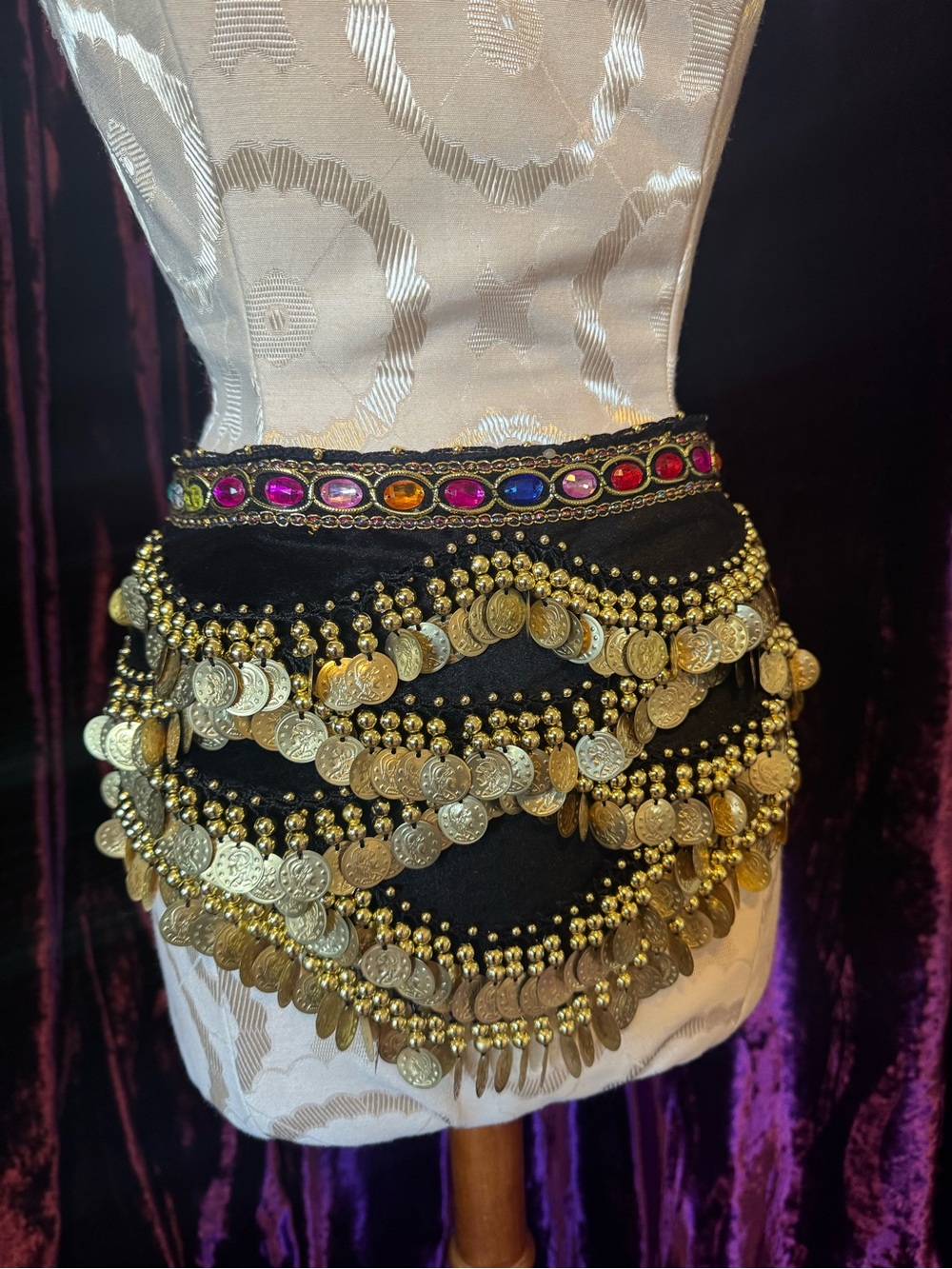 Black Velvet Coin Hip Scarf with Gold Accents